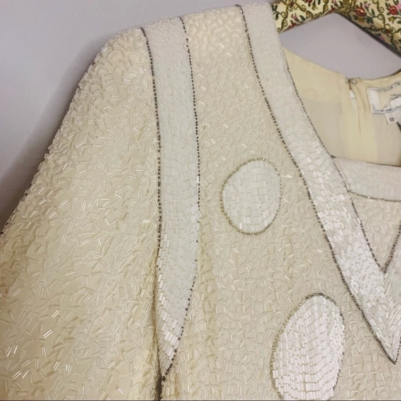 Vintage Bob Mackie Silk Beaded Geometric Long Sleeve Winter White Mini Dress 12 - Picture 5 of 14